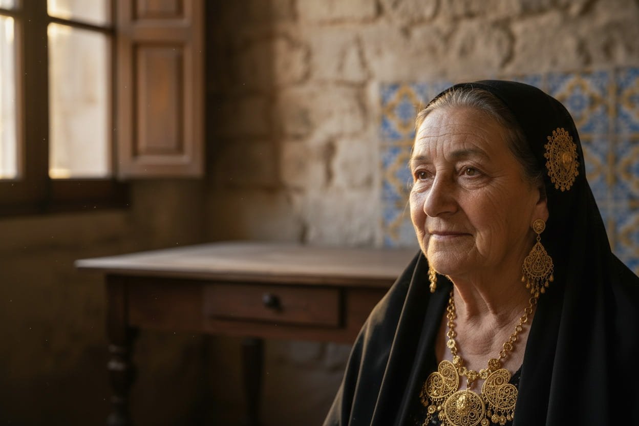 Anziana che indossa Gioielli Siciliani con storia