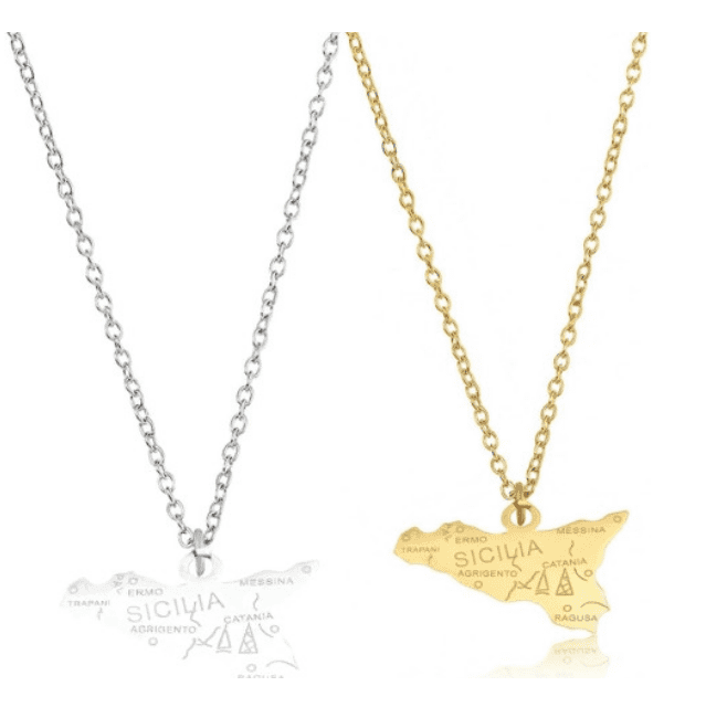 Collana con ciondolo a forma di Sicilia in acciaio anallergico